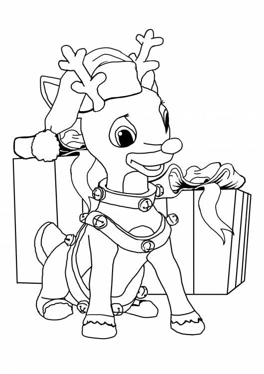 Bring color to Santa's North Pole Village with this coloring page featuring a reindeer with a present! Elves make presents for cats, dogs, and reindeer too!