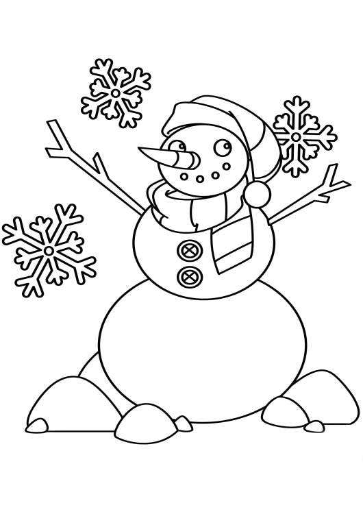 ¡Ven a divertirte y dale color a la aldea de Santa con este dibujo para colorear de un muñeco y copos de nieve del Polo Norte!