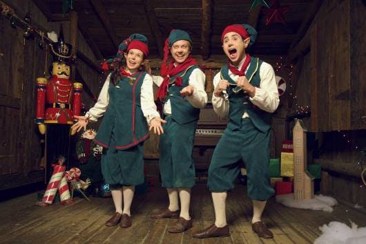 Explora las historias mágicas de la aldea de Santa en el Polo Norte con la foto - Duendes bailando y cantando - en el álbum de Santa.
